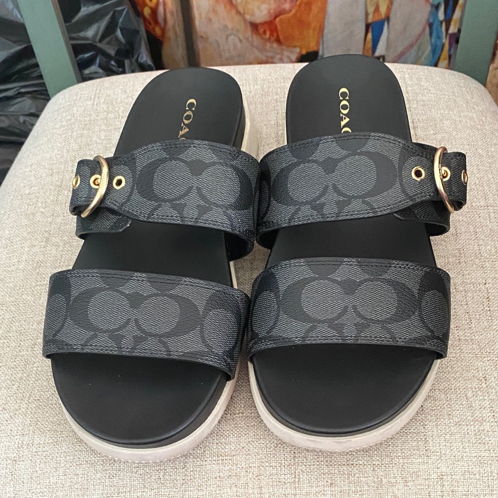 Coach Black Double Strap Slides